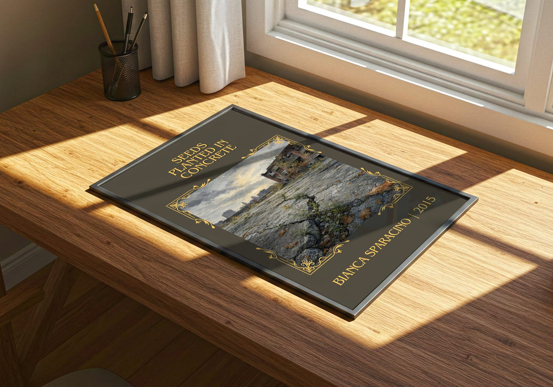 Seeds Planted in Concrete Classic Book Art Print by Bianca Sparacino – print on a sunlit desk