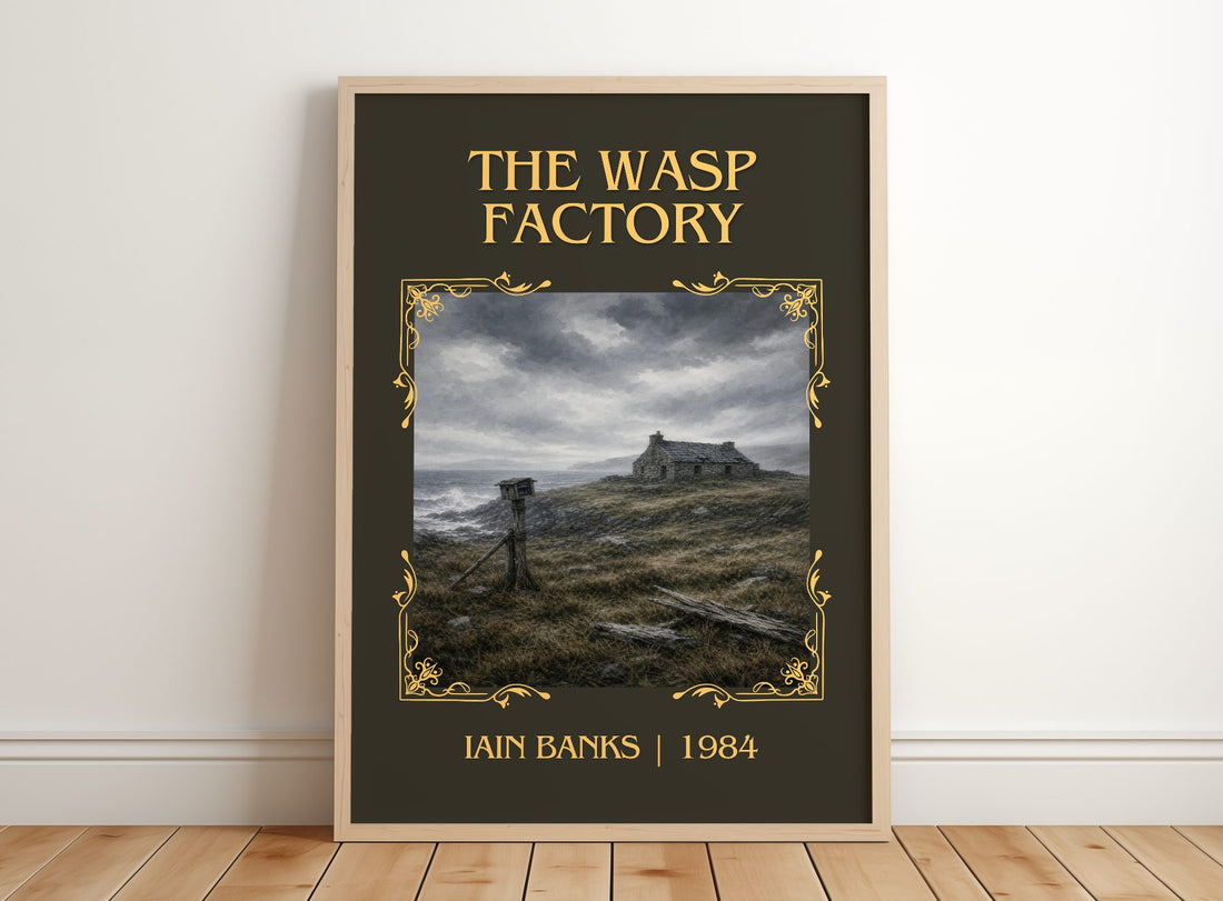 The Wasp Factory Classic Book Art Print by Iain Banks – framed print leaning on a wooden floor
