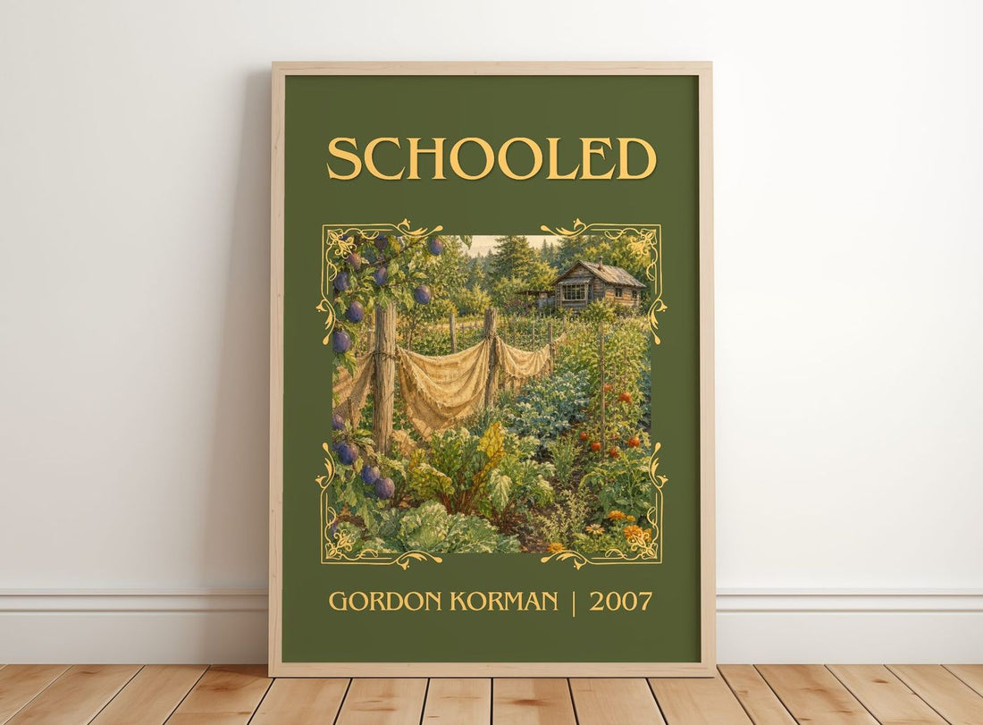 Schooled Classic Book Art Print by Gordon Korman – framed print leaning on a wooden floor