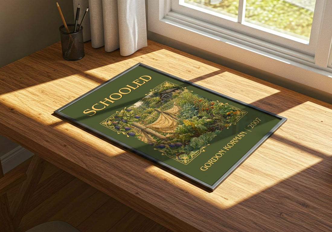 Schooled Classic Book Art Print by Gordon Korman – print on a sunlit desk