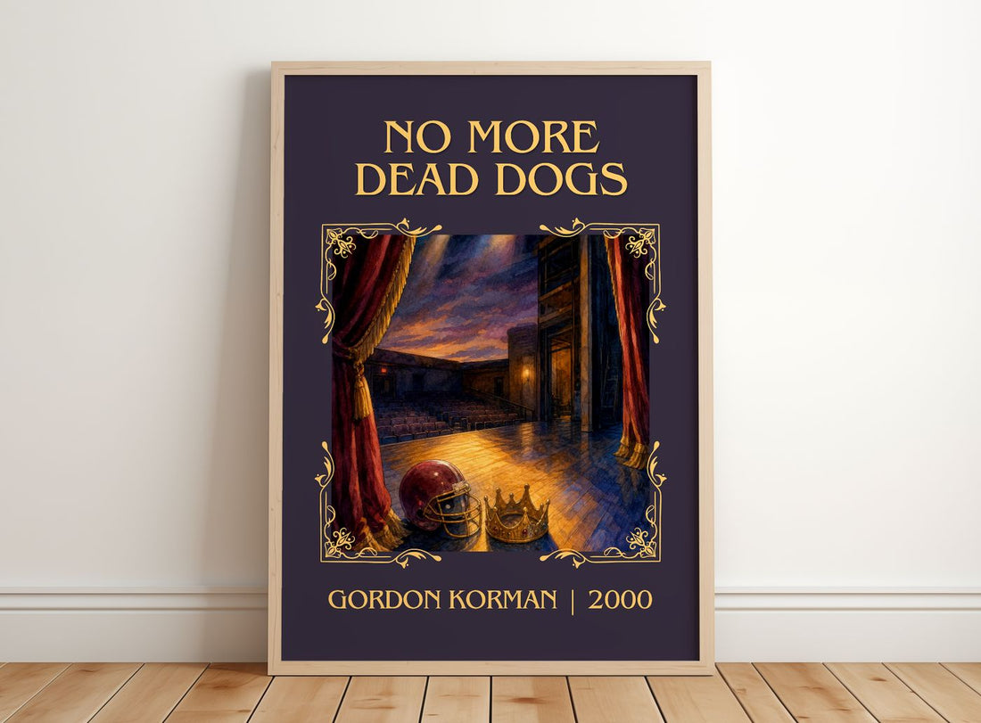 No more dead dogs Classic Book Art Print by Gordon Korman – framed print leaning on a wooden floor
