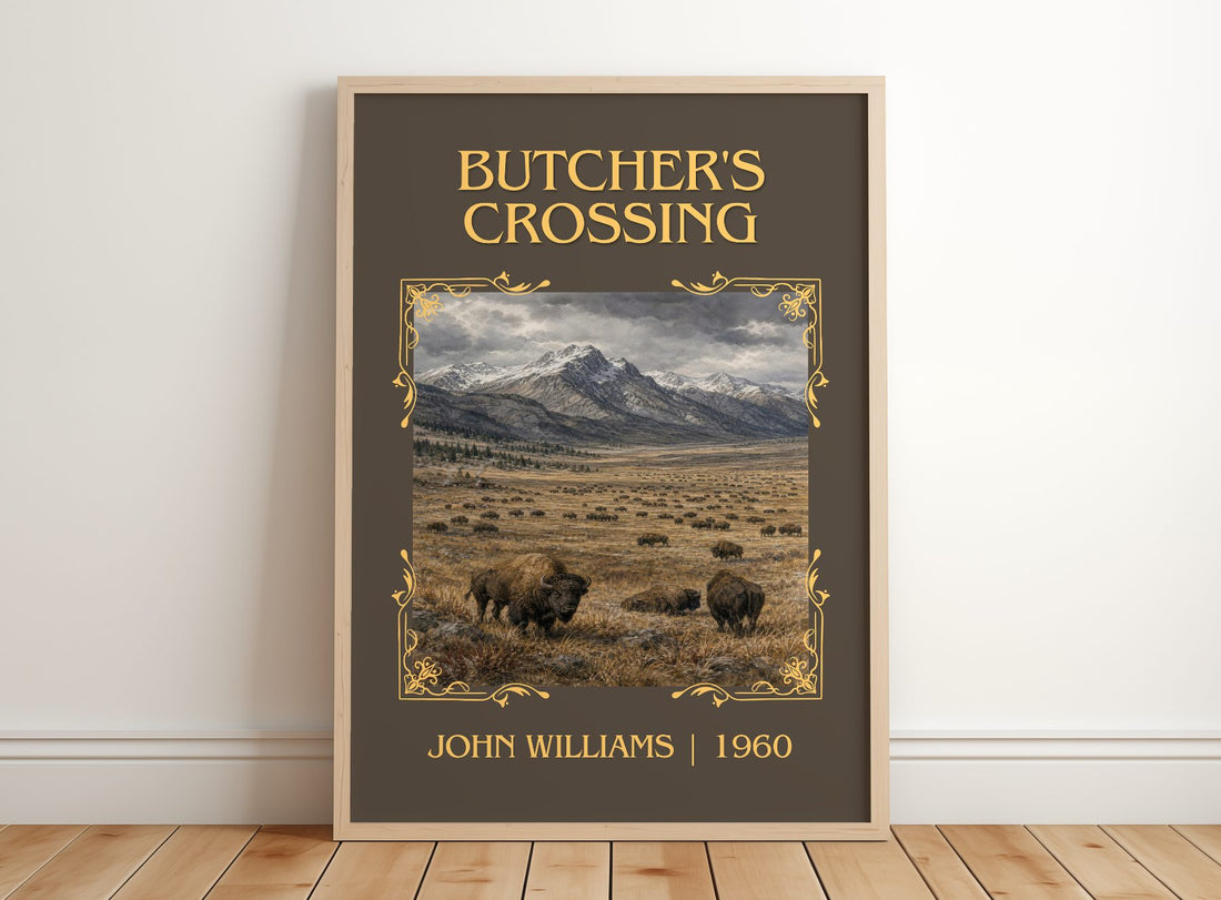 Butcher's Crossing Classic Book Art Print by John Williams – framed print leaning on a wooden floor
