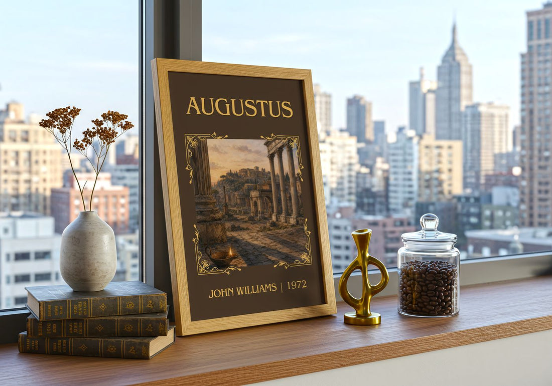 Augustus Classic Book Art Print by John Williams – framed print on a city-view windowsill