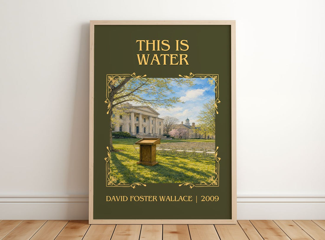This is water Classic Book Art Print by David Foster Wallace – framed print leaning on a wooden floor