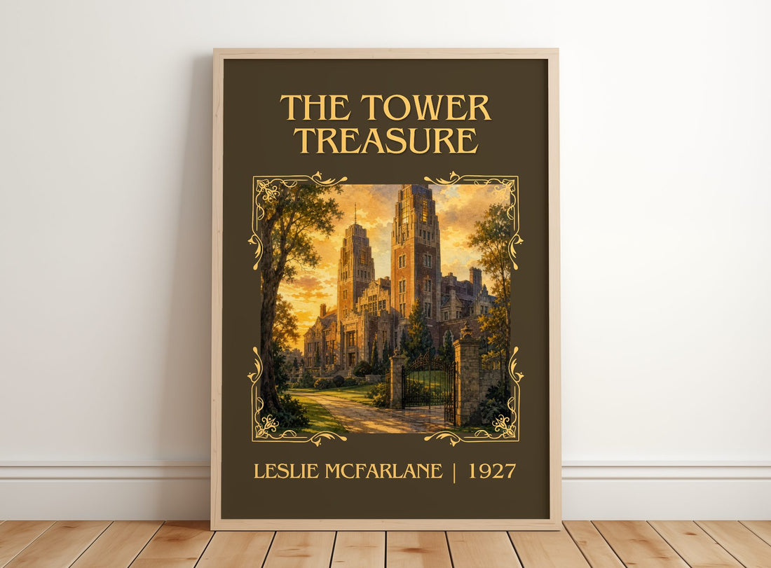 The tower treasure Classic Book Art Print by Leslie McFarlane – framed print leaning on a wooden floor