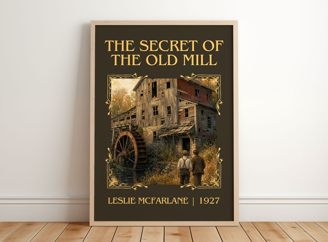 The secret of the old mill Classic Book Art Print by Leslie McFarlane – framed print leaning on a wooden floor