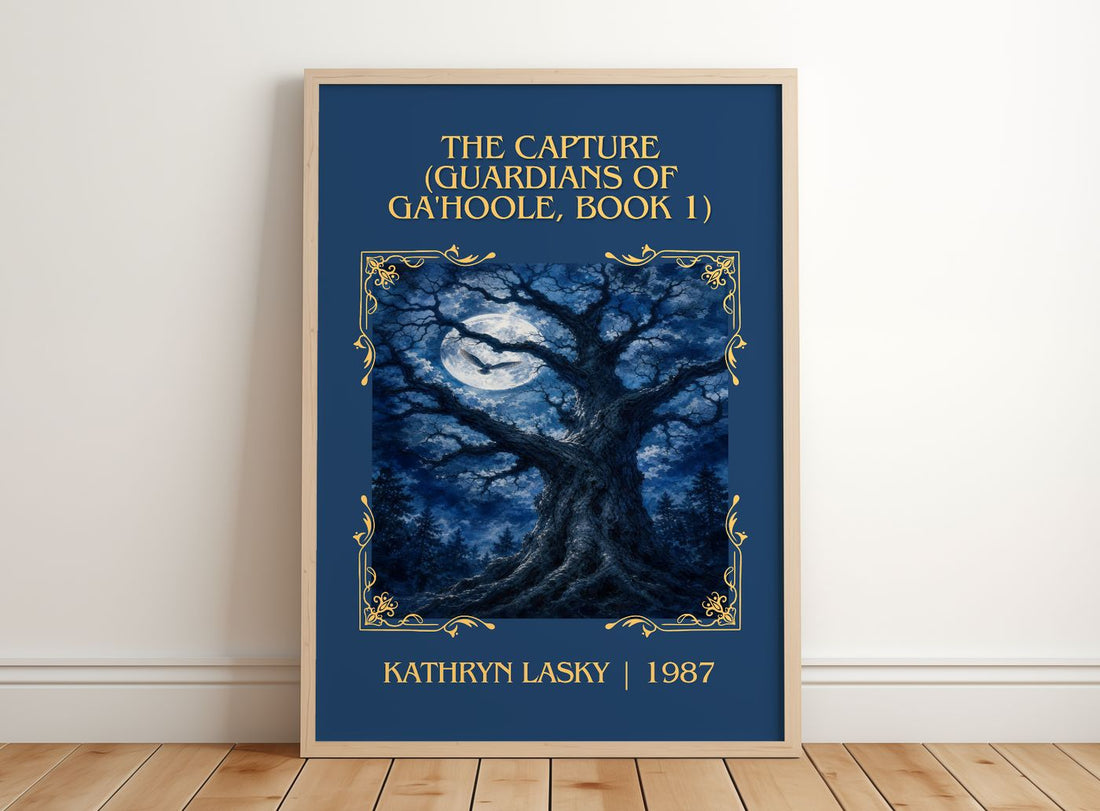 The Capture (Guardians of Ga'Hoole, Book 1) Classic Book Art Print by Kathryn Lasky – framed print leaning on a wooden floor
