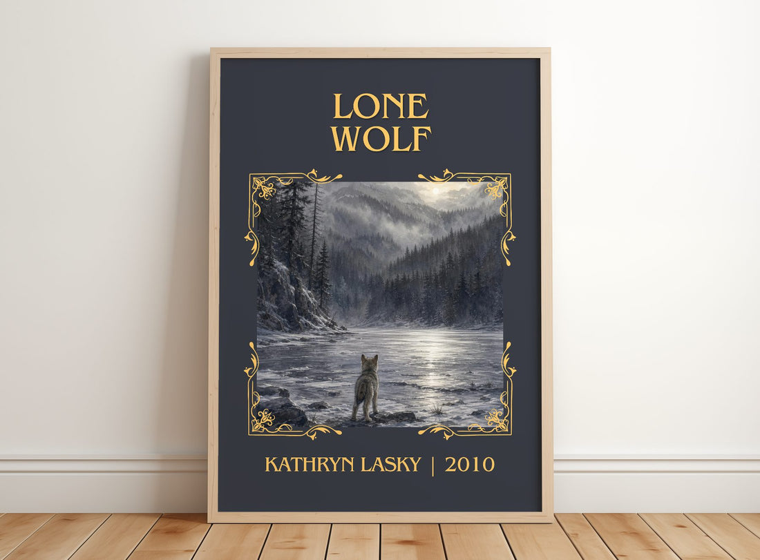 Lone wolf Classic Book Art Print by Kathryn Lasky – framed print leaning on a wooden floor