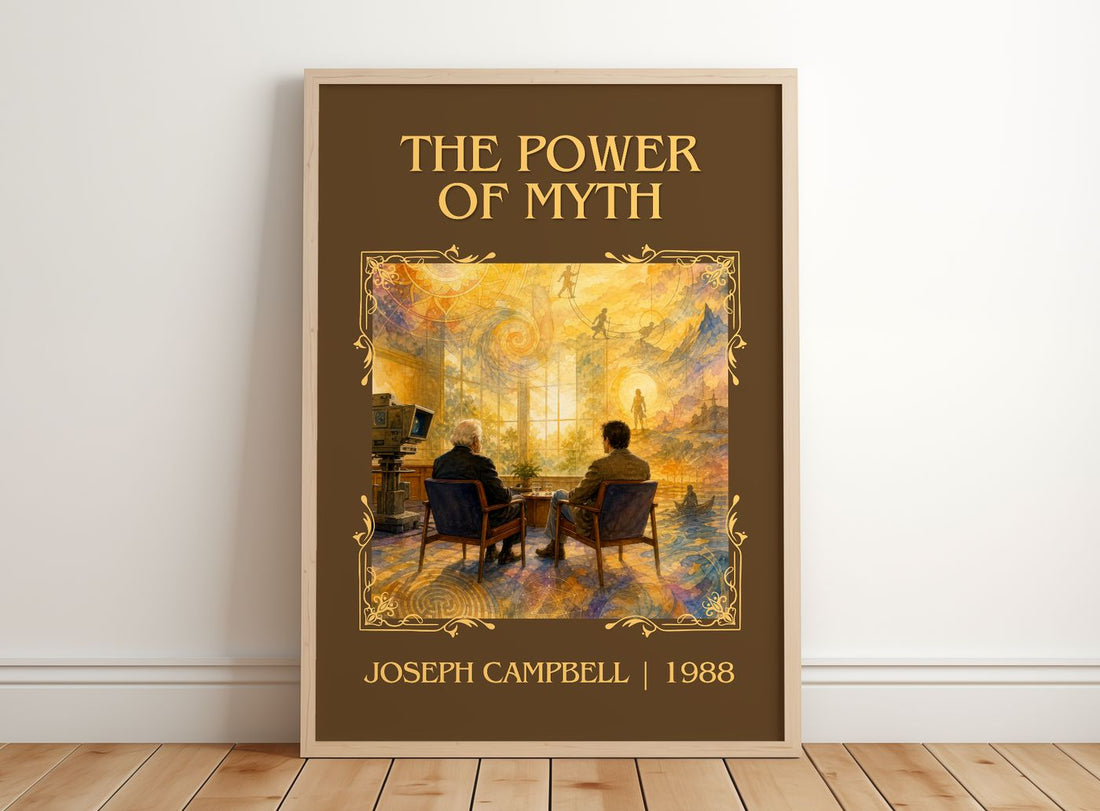 The Power of Myth Classic Book Art Print by Joseph Campbell – framed print leaning on a wooden floor
