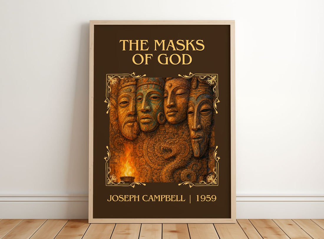 The masks of God Classic Book Art Print by Joseph Campbell – framed print leaning on a wooden floor