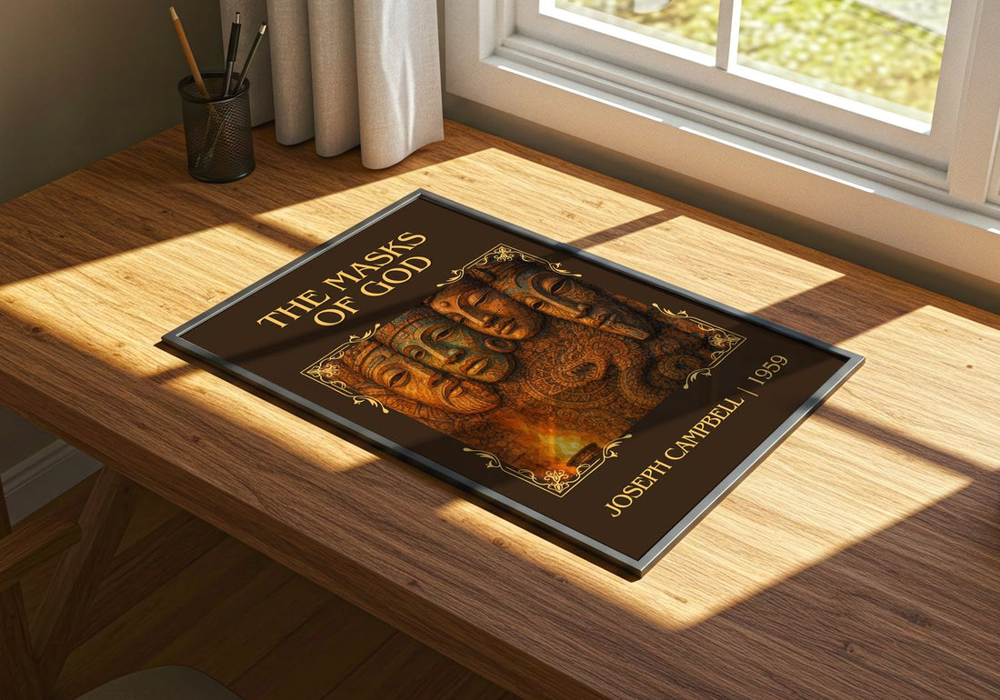 The masks of God Classic Book Art Print by Joseph Campbell – print on a sunlit desk