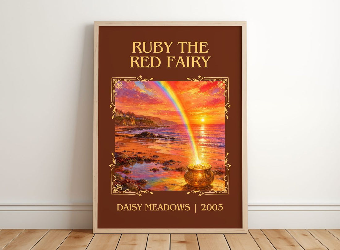 Ruby the Red Fairy Classic Book Art Print by Daisy Meadows – framed print leaning on a wooden floor