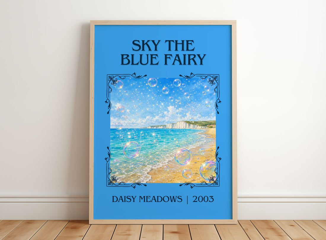 Sky the Blue Fairy Classic Book Art Print by Daisy Meadows – framed print leaning on a wooden floor