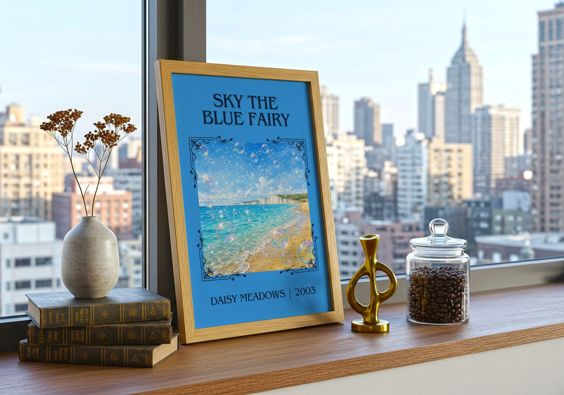 Sky the Blue Fairy Classic Book Art Print by Daisy Meadows – framed print on a city-view windowsill
