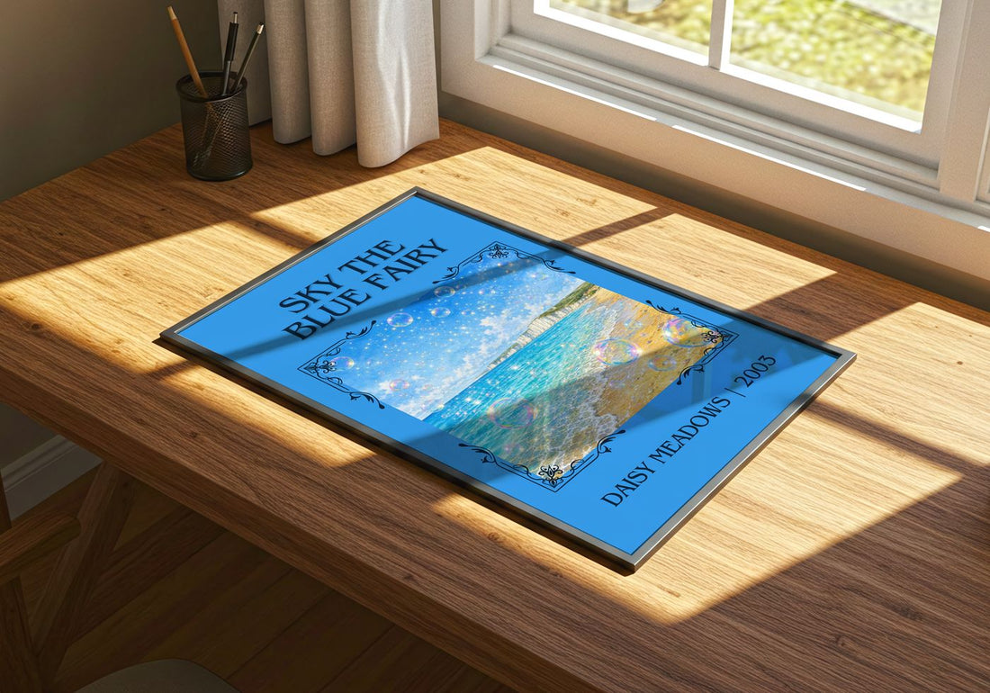 Sky the Blue Fairy Classic Book Art Print by Daisy Meadows – print on a sunlit desk