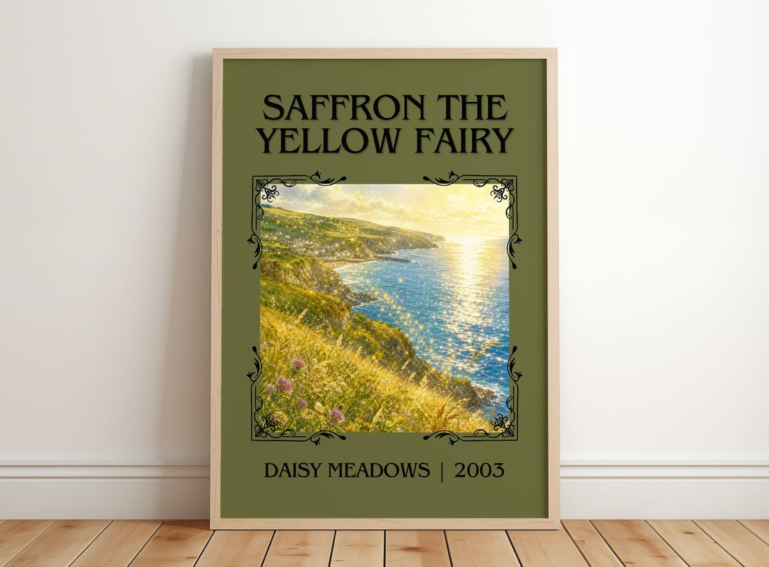 Saffron the Yellow Fairy Classic Book Art Print by Daisy Meadows – framed print leaning on a wooden floor