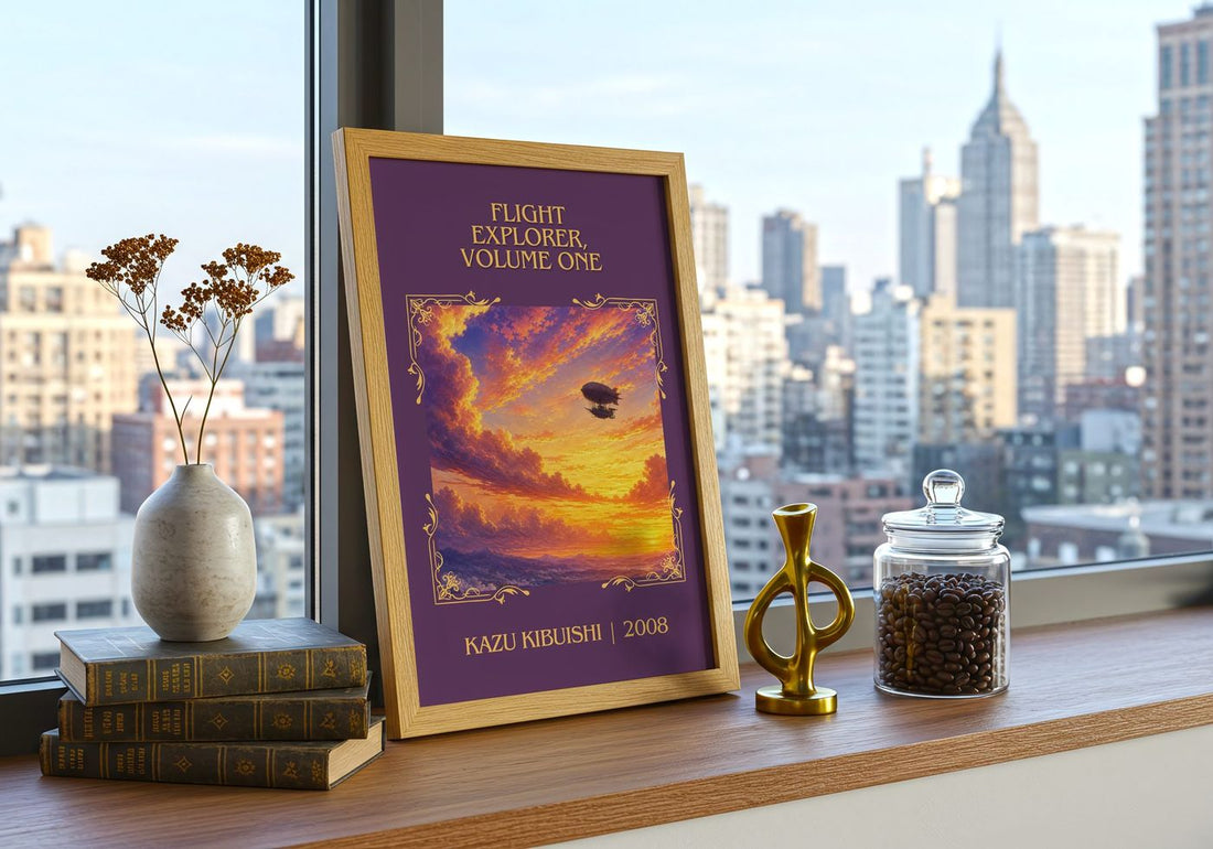 Flight Explorer, Volume One Classic Book Art Print by Kazu Kibuishi – framed print on a city-view windowsill