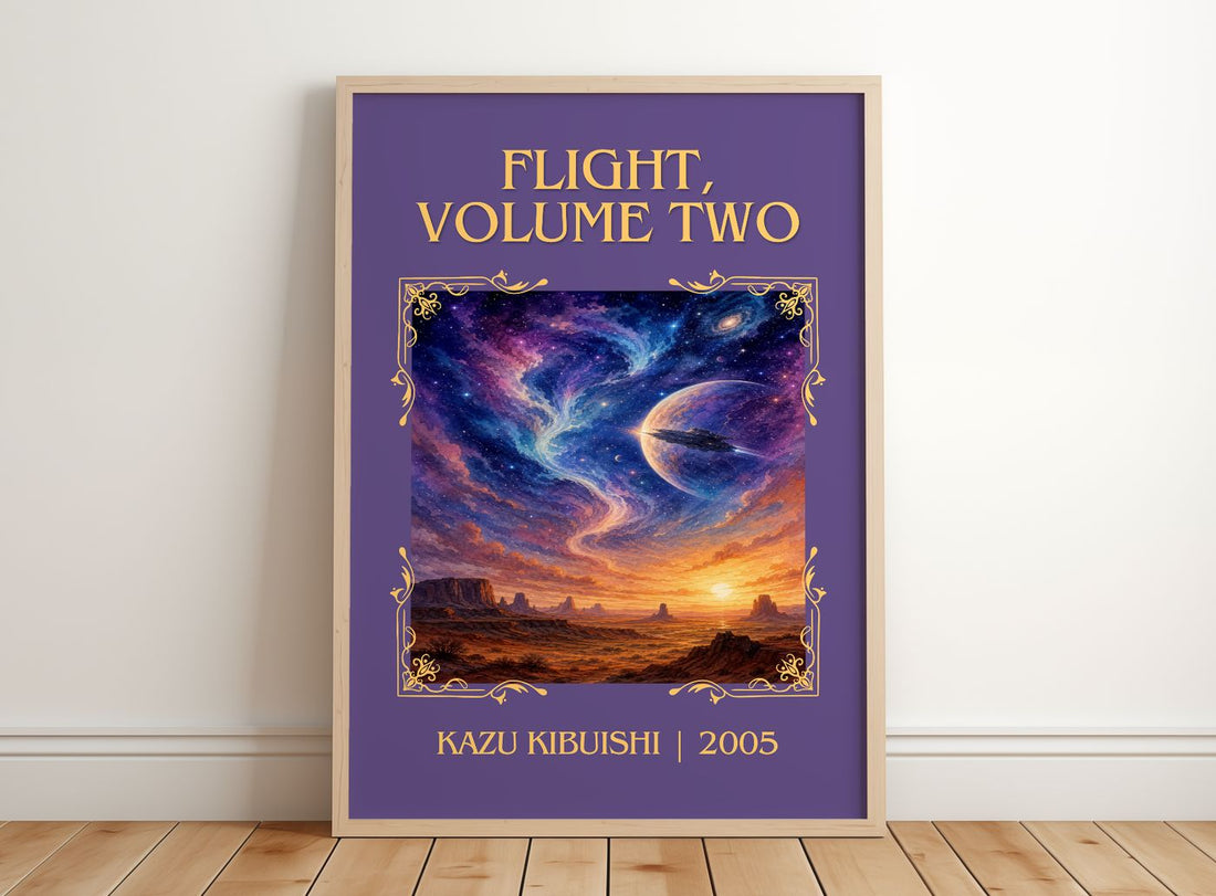 Flight, Volume Two Classic Book Art Print by Kazu Kibuishi – framed print leaning on a wooden floor