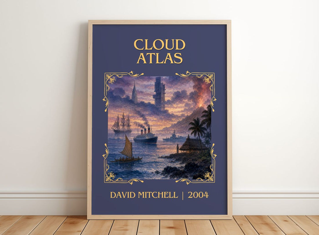 Cloud Atlas Classic Book Art Print by David Mitchell – framed print leaning on a wooden floor