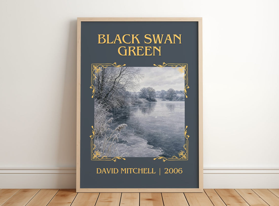 Black Swan Green Classic Book Art Print by David Mitchell – framed print leaning on a wooden floor