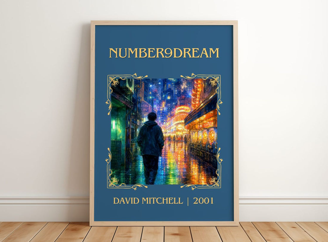 Number9Dream Classic Book Art Print by David Mitchell – framed print leaning on a wooden floor
