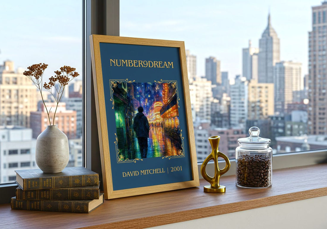 Number9Dream Classic Book Art Print by David Mitchell – framed print on a city-view windowsill