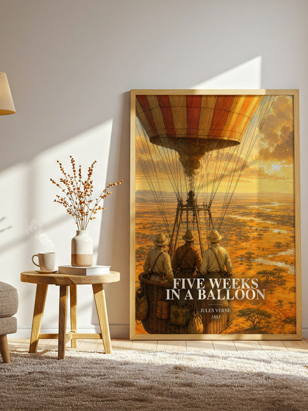 Five Weeks In A Balloon watercolour print in frame leaning in hallway – adventure wall art