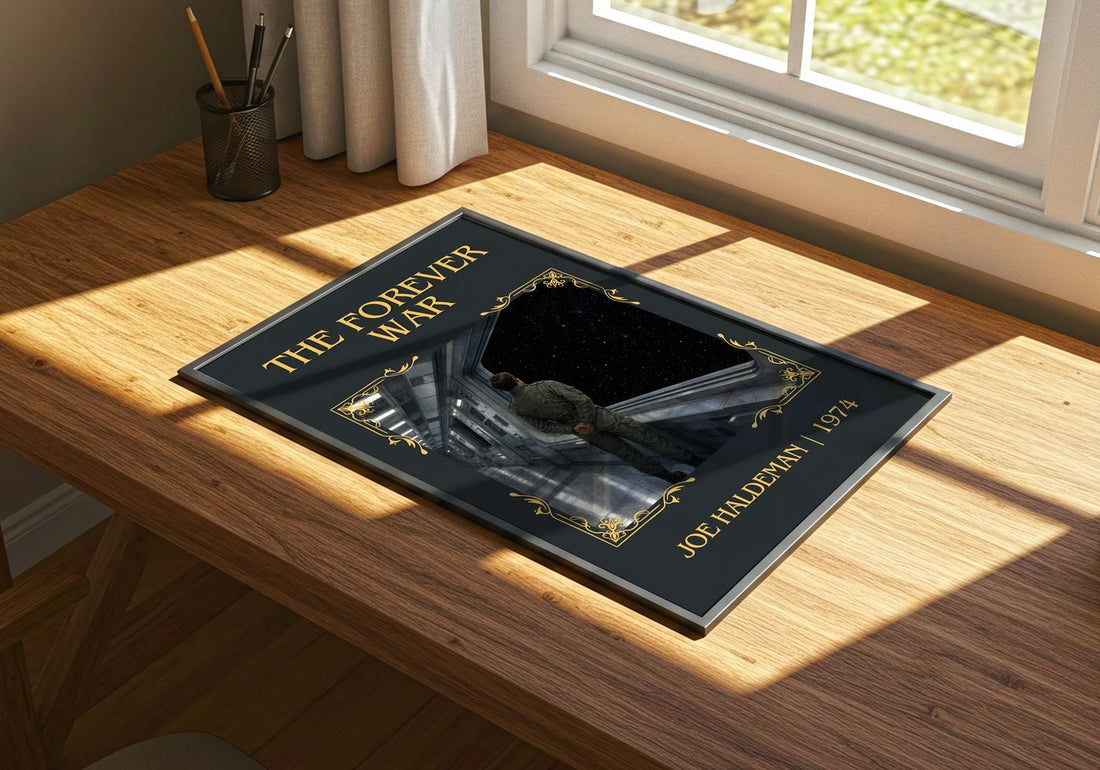 The Forever War Classic Book Art Print by Joe Haldeman – print on a sunlit desk