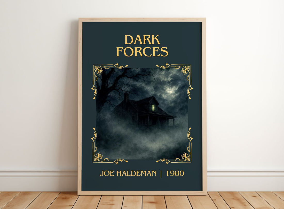 Dark Forces Classic Book Art Print by Joe Haldeman – framed print leaning on a wooden floor