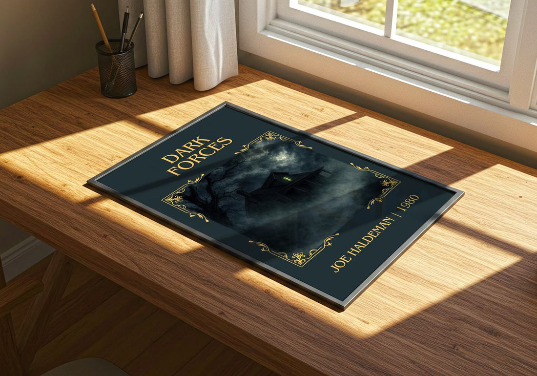 Dark Forces Classic Book Art Print by Joe Haldeman – print on a sunlit desk
