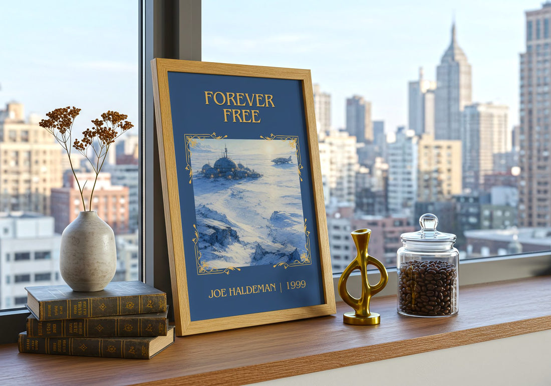 Forever free Classic Book Art Print by Joe Haldeman – framed print on a city-view windowsill