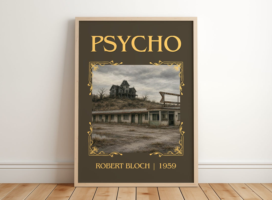 Psycho Classic Book Art Print by Robert Bloch – framed print leaning on a wooden floor