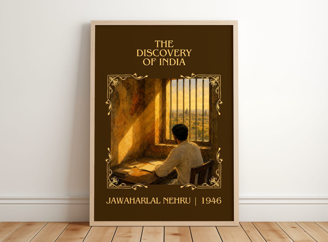 The discovery of India Classic Book Art Print by Jawaharlal Nehru – framed print leaning on a wooden floor