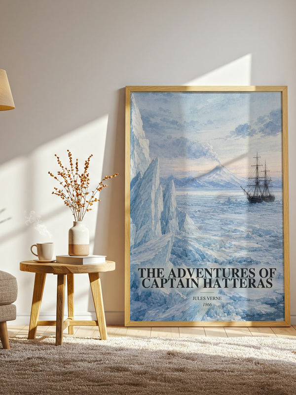 The Adventures Of Captain Hatteras watercolour print in frame leaning in hallway – adventure wall art