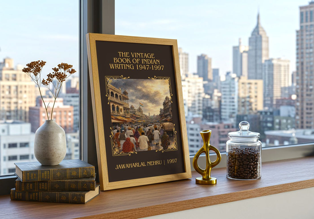 The Vintage Book of Indian Writing 1947-1997 Classic Book Art Print by Jawaharlal Nehru – framed print on a city-view windowsill