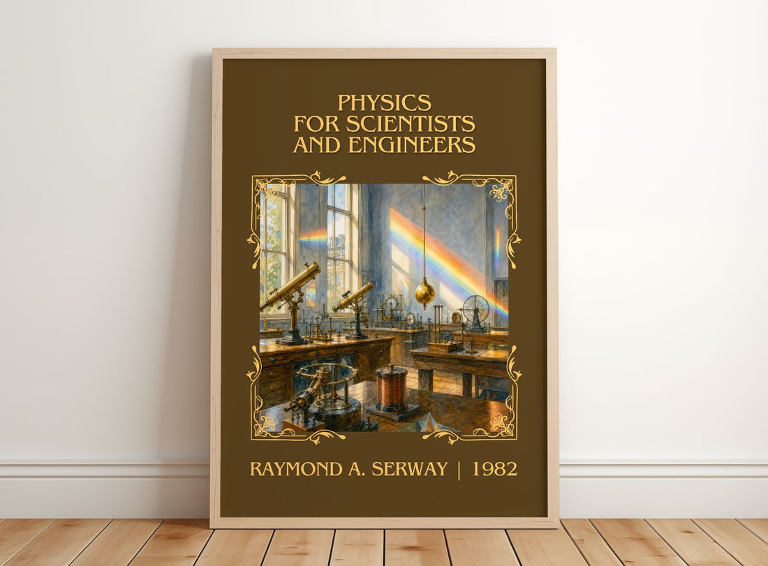 Physics for scientists and engineers Classic Book Art Print by Raymond A. Serway – framed print leaning on a wooden floor