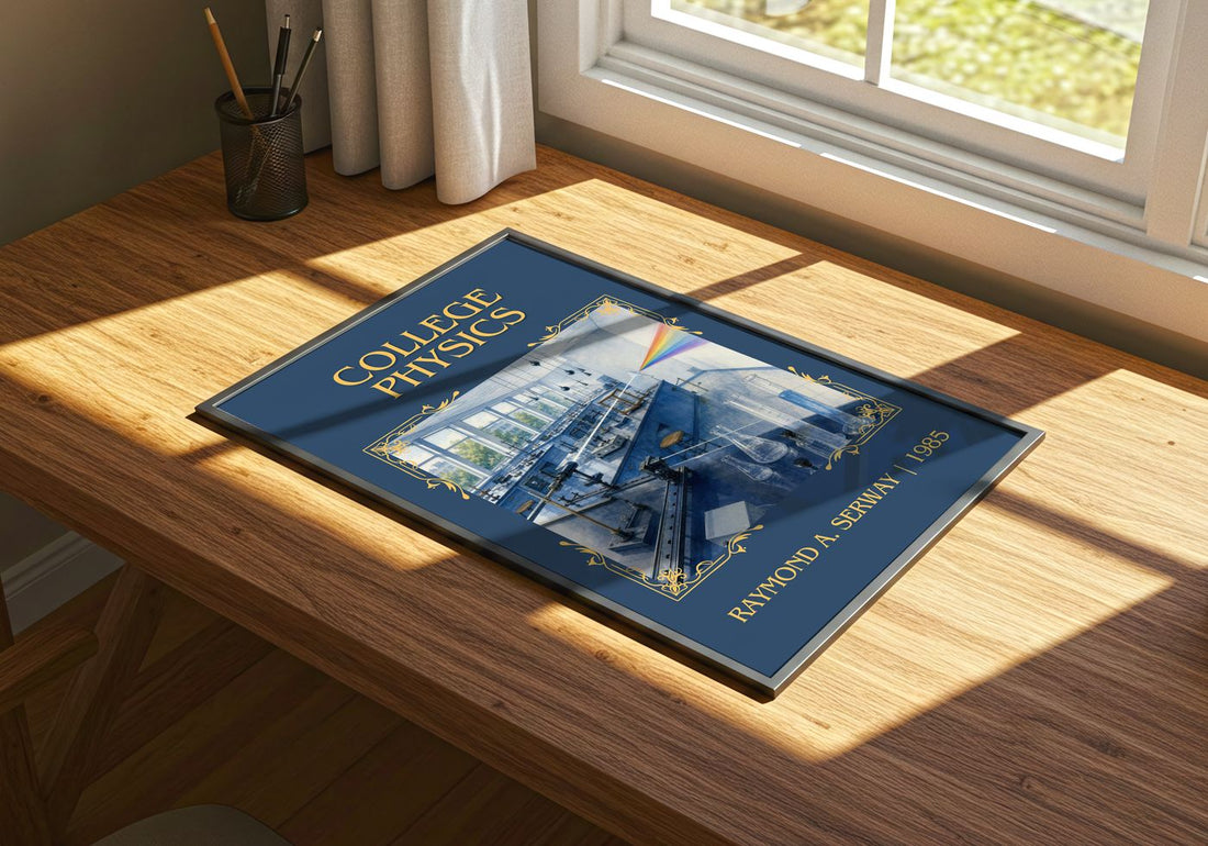 College physics Classic Book Art Print by Raymond A. Serway – print on a sunlit desk