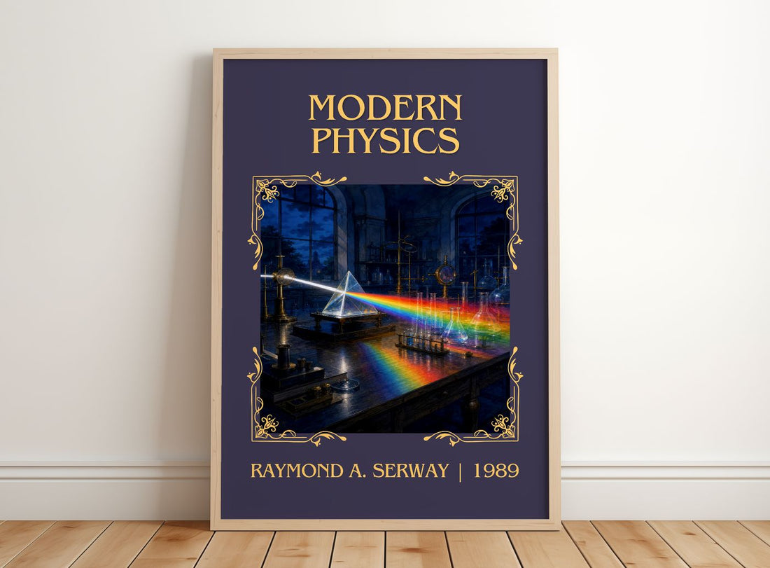 Modern Physics Classic Book Art Print by Raymond A. Serway – framed print leaning on a wooden floor