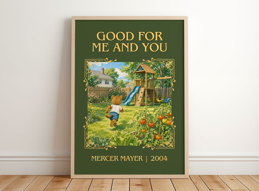 Good for Me and You Classic Book Art Print by Mercer Mayer – framed print leaning on a wooden floor