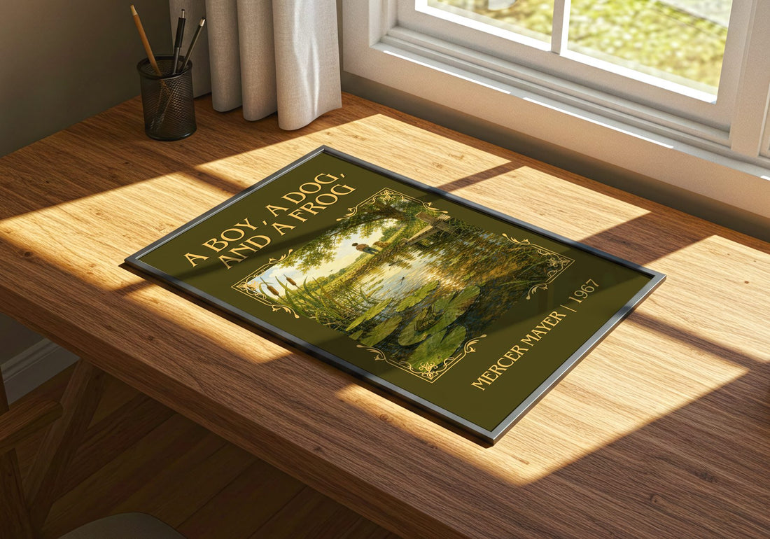 A Boy, a Dog, and a Frog Classic Book Art Print by Mercer Mayer – print on a sunlit desk