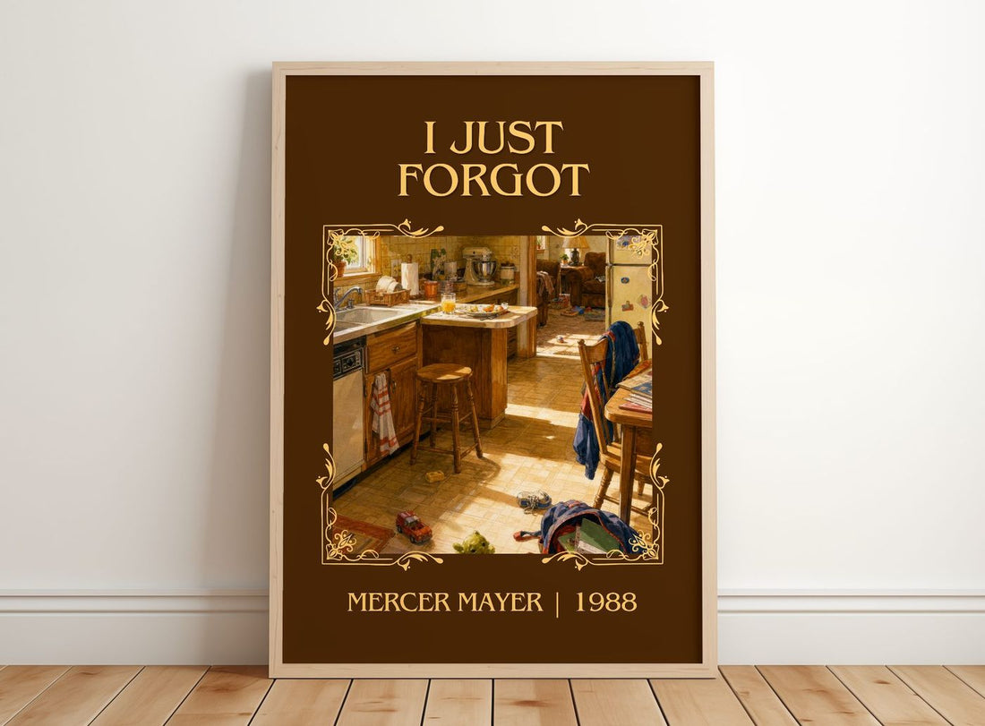 I Just Forgot Classic Book Art Print by Mercer Mayer – framed print leaning on a wooden floor