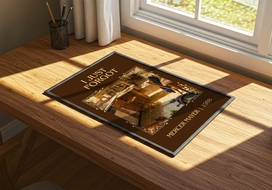 I Just Forgot Classic Book Art Print by Mercer Mayer – print on a sunlit desk