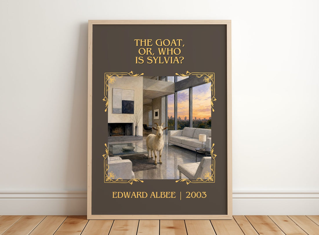 The goat, or, Who is Sylvia? Classic Book Art Print by Edward Albee – framed print leaning on a wooden floor