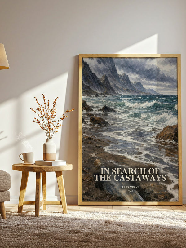 In Search Of The Castaways watercolour print in frame leaning in hallway – adventure wall art