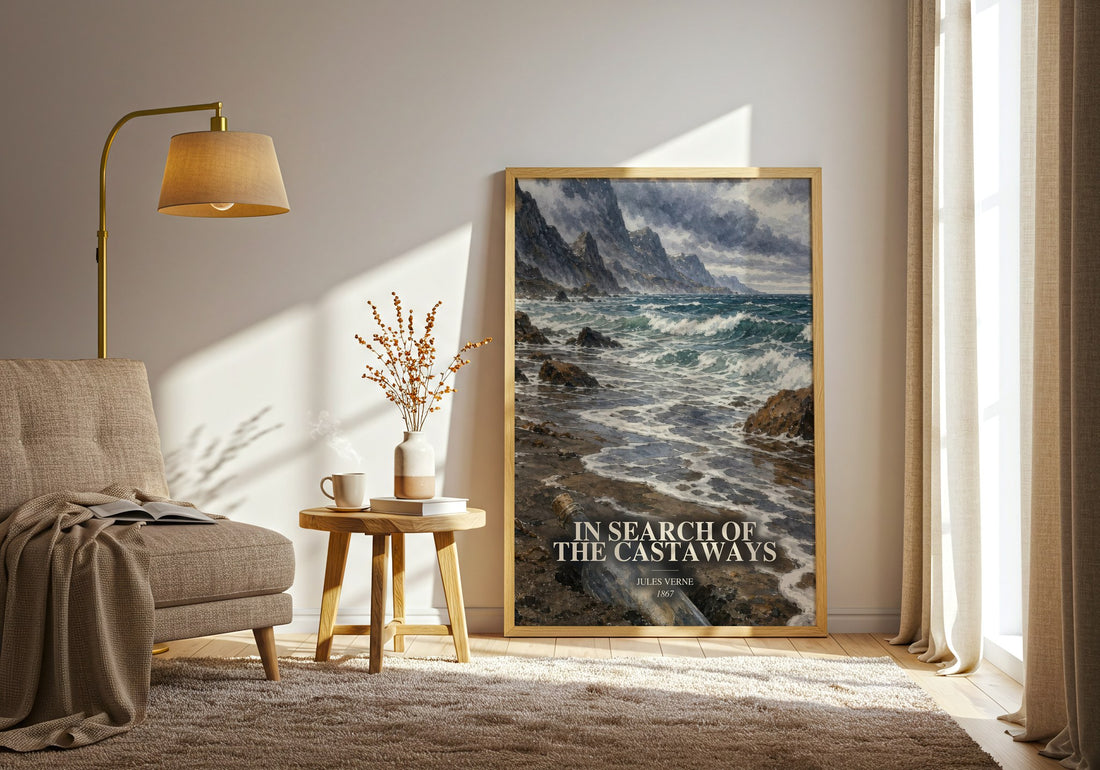 In Search Of The Castaways watercolour print in frame leaning in hallway – adventure wall art (mockup)