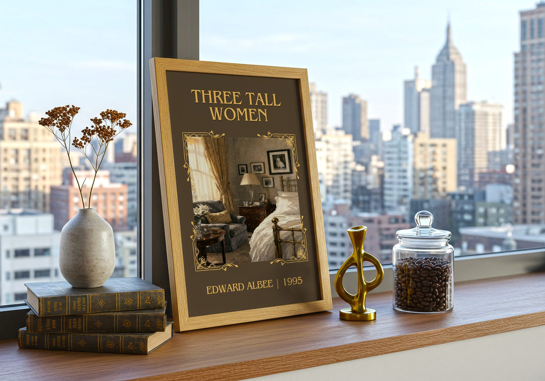 Three tall women Classic Book Art Print by Edward Albee – framed print on a city-view windowsill