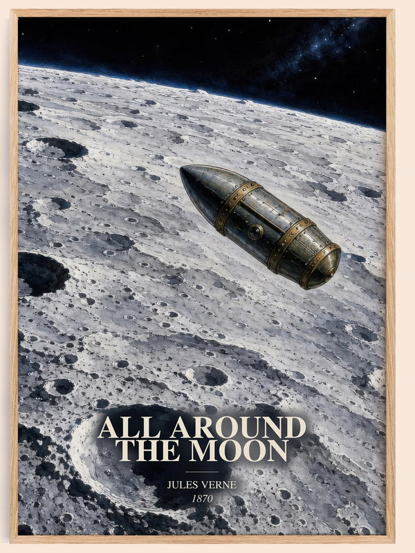 All Around The Moon watercolour book poster by Jules Verne – framed literary art print