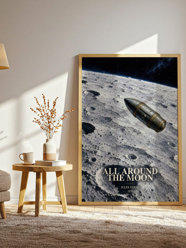 All Around The Moon watercolour print in frame leaning in hallway – sci fi wall art