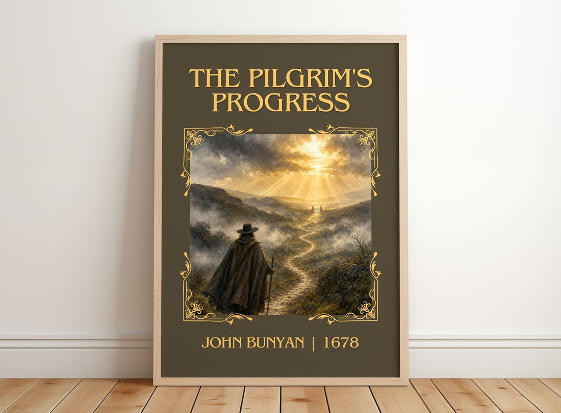 The Pilgrim's Progress Classic Book Art Print by John Bunyan – framed print leaning on a wooden floor