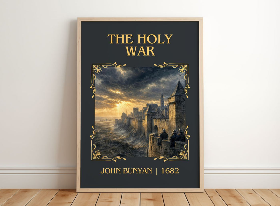 The holy war Classic Book Art Print by John Bunyan – framed print leaning on a wooden floor